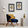 Golden Flowers Artwork – Gold Collection - Home Decor for Living Room/Bedroom/Hallway/Office – Blue – A4 - Set of 2- Adam & Alice London - ADAM and ALICE Premium Fine Wall Art Unframed Print – Flowers Art – Vase - Home Decor for Living Room Bedroom Hallway Office – Neutral Background - Grey Blue Green Brown – A3 A4 A2