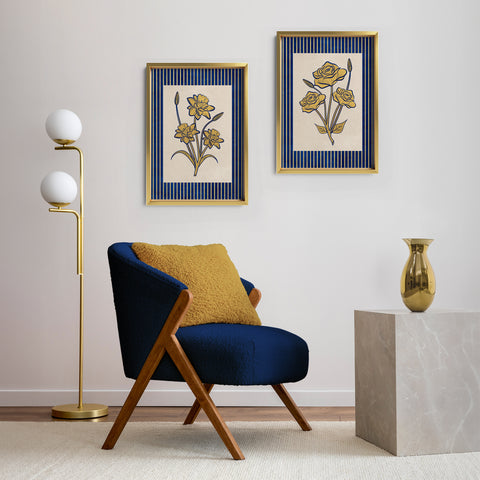 Golden Flowers Artwork – Gold Collection - Home Decor for Living Room/Bedroom/Hallway/Office – Blue – A4 - Set of 2- Adam & Alice London - ADAM and ALICE Premium Fine Wall Art Unframed Print – Flowers Art – Vase - Home Decor for Living Room Bedroom Hallway Office – Neutral Background - Grey Blue Green Brown – A3 A4 A2