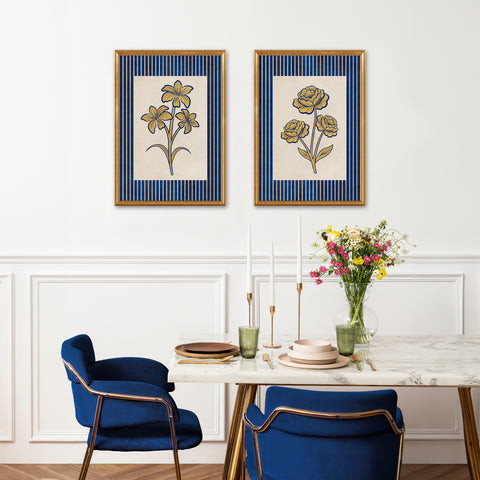 Golden Flowers Artwork – Gold Collection - Home Decor for Living Room/Bedroom/Hallway/Office – Blue – A4 - Set of 2- Adam & Alice London - ADAM and ALICE Premium Fine Wall Art Unframed Print – Flowers Art – Vase - Home Decor for Living Room Bedroom Hallway Office – Neutral Background - Grey Blue Green Brown – A3 A4 A2