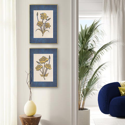 Golden Flowers Artwork – Gold Collection - Home Decor for Living Room/Bedroom/Hallway/Office – Blue – A4 - Set of 2- Adam & Alice London - ADAM and ALICE Premium Fine Wall Art Unframed Print – Flowers Art – Vase - Home Decor for Living Room Bedroom Hallway Office – Neutral Background - Grey Blue Green Brown – A3 A4 A2
