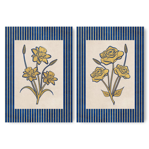 Golden Flowers Artwork – Gold Collection - Home Decor for Living Room/Bedroom/Hallway/Office – Blue – A4 - Set of 2- Adam & Alice London - ADAM and ALICE Premium Fine Wall Art Unframed Print – Flowers Art – Vase - Home Decor for Living Room Bedroom Hallway Office – Neutral Background - Grey Blue Green Brown – A3 A4 A2