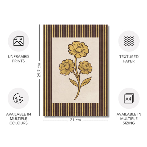 Golden Flowers Artwork – Gold Collection - Home Decor for Living Room/Bedroom/Hallway/Office – Brown – A3 - Set of 2- Adam & Alice London - ADAM and ALICE Premium Fine Wall Art Unframed Print – Flowers Art – Vase - Home Decor for Living Room Bedroom Hallway Office – Neutral Background - Grey Blue Green Brown – A3 A4 A2