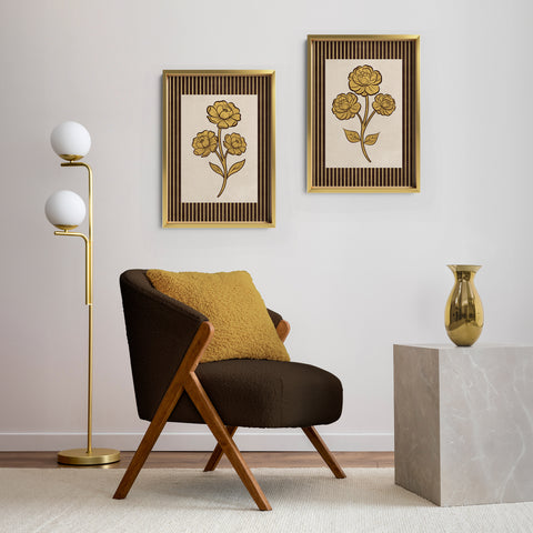 Golden Flowers Artwork – Gold Collection - Home Decor for Living Room/Bedroom/Hallway/Office – Brown – A3 - Set of 2- Adam & Alice London - ADAM and ALICE Premium Fine Wall Art Unframed Print – Flowers Art – Vase - Home Decor for Living Room Bedroom Hallway Office – Neutral Background - Grey Blue Green Brown – A3 A4 A2