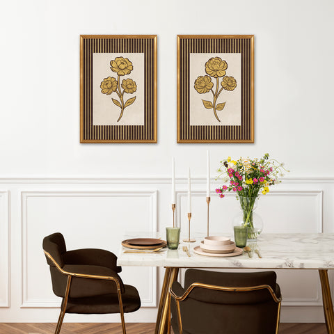 Golden Flowers Artwork – Gold Collection - Home Decor for Living Room/Bedroom/Hallway/Office – Brown – A3 - Set of 2- Adam & Alice London - ADAM and ALICE Premium Fine Wall Art Unframed Print – Flowers Art – Vase - Home Decor for Living Room Bedroom Hallway Office – Neutral Background - Grey Blue Green Brown – A3 A4 A2
