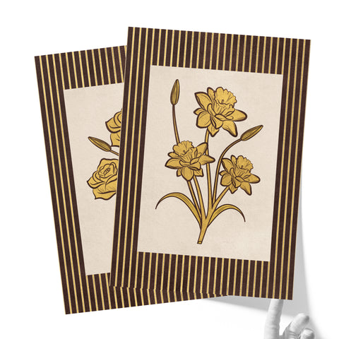 Golden Flowers Artwork – Gold Collection - Home Decor for Living Room/Bedroom/Hallway/Office – Brown – A4 - Set of 2- Adam & Alice London - ADAM and ALICE Premium Fine Wall Art Unframed Print – Flowers Art – Vase - Home Decor for Living Room Bedroom Hallway Office – Neutral Background - Grey Blue Green Brown – A3 A4 A2