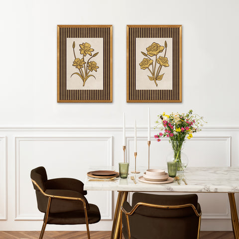 Golden Flowers Artwork – Gold Collection - Home Decor for Living Room/Bedroom/Hallway/Office – Brown – A4 - Set of 2- Adam & Alice London - ADAM and ALICE Premium Fine Wall Art Unframed Print – Flowers Art – Vase - Home Decor for Living Room Bedroom Hallway Office – Neutral Background - Grey Blue Green Brown – A3 A4 A2