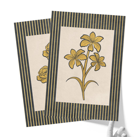Golden Flowers Artwork – Gold Collection - Home Decor for Living Room/Bedroom/Hallway/Office – Grey – A4 - Set of 2- Adam & Alice London - ADAM and ALICE Premium Fine Wall Art Unframed Print – Flowers Art – Vase - Home Decor for Living Room Bedroom Hallway Office – Neutral Background - Grey Blue Green Brown – A3 A4 A2