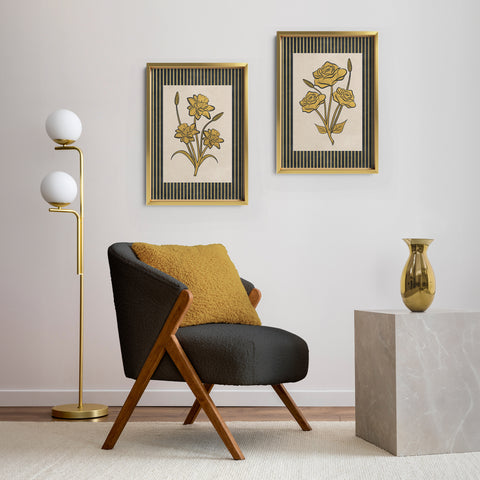 Golden Flowers Artwork – Gold Collection - Home Decor for Living Room/Bedroom/Hallway/Office – Grey – A4 - Set of 2- Adam & Alice London - ADAM and ALICE Premium Fine Wall Art Unframed Print – Flowers Art – Vase - Home Decor for Living Room Bedroom Hallway Office – Neutral Background - Grey Blue Green Brown – A3 A4 A2