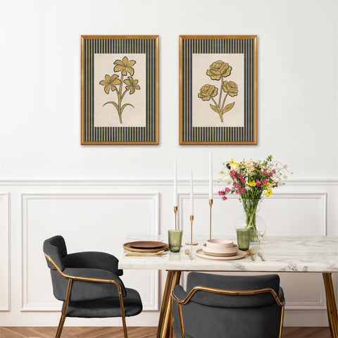 Golden Flowers Artwork – Gold Collection - Home Decor for Living Room/Bedroom/Hallway/Office – Grey – A4 - Set of 2- Adam & Alice London - ADAM and ALICE Premium Fine Wall Art Unframed Print – Flowers Art – Vase - Home Decor for Living Room Bedroom Hallway Office – Neutral Background - Grey Blue Green Brown – A3 A4 A2