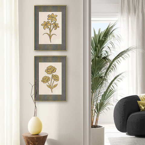 Golden Flowers Artwork – Gold Collection - Home Decor for Living Room/Bedroom/Hallway/Office – Grey – A4 - Set of 2- Adam & Alice London - ADAM and ALICE Premium Fine Wall Art Unframed Print – Flowers Art – Vase - Home Decor for Living Room Bedroom Hallway Office – Neutral Background - Grey Blue Green Brown – A3 A4 A2
