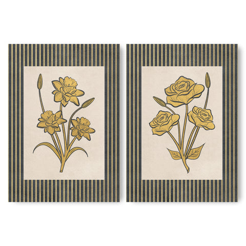 Golden Flowers Artwork – Gold Collection - Home Decor for Living Room/Bedroom/Hallway/Office – Grey – A4 - Set of 2- Adam & Alice London - ADAM and ALICE Premium Fine Wall Art Unframed Print – Flowers Art – Vase - Home Decor for Living Room Bedroom Hallway Office – Neutral Background - Grey Blue Green Brown – A3 A4 A2
