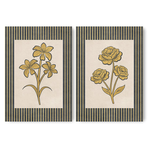 Golden Flowers Artwork – Gold Collection - Home Decor for Living Room/Bedroom/Hallway/Office – Grey – A4 - Set of 2- Adam & Alice London - ADAM and ALICE Premium Fine Wall Art Unframed Print – Flowers Art – Vase - Home Decor for Living Room Bedroom Hallway Office – Neutral Background - Grey Blue Green Brown – A3 A4 A2