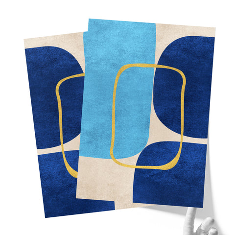 Minimalist Geometric Mid-Century Artwork – Home Decor for Living Room/Bedroom/Hallway/Office - Blue – Set of 2