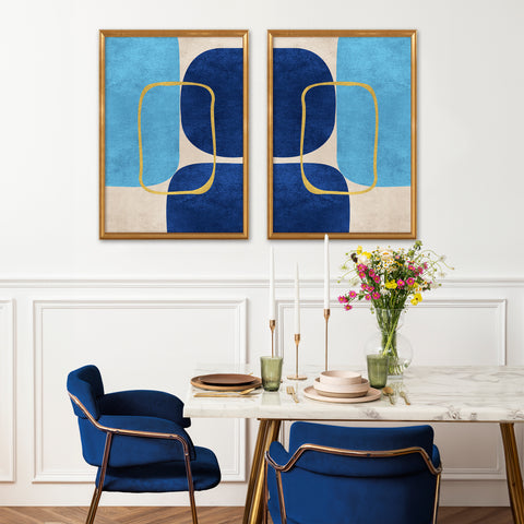 Minimalist Geometric Mid-Century Artwork – Home Decor for Living Room/Bedroom/Hallway/Office - Blue – Set of 2