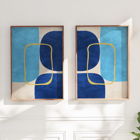 Minimalist Geometric Mid-Century Artwork – Home Decor for Living Room/Bedroom/Hallway/Office - Blue – Set of 2