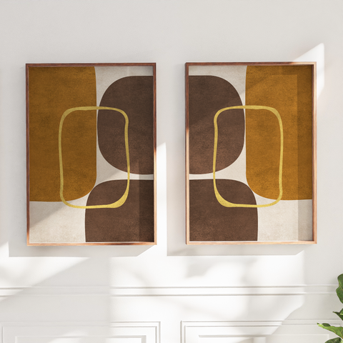 Minimalist Geometric Mid-Century Artwork – Home Decor for Living Room/Bedroom/Hallway/Office – Brown - Set of 2