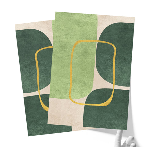 Minimalist Geometric Mid-Century Artwork – Home Decor for Living Room/Bedroom/Hallway/Office – Green - Set of 2