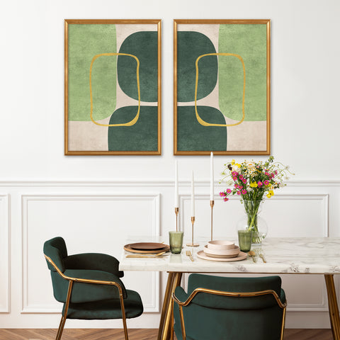 Minimalist Geometric Mid-Century Artwork – Home Decor for Living Room/Bedroom/Hallway/Office – Green - Set of 2