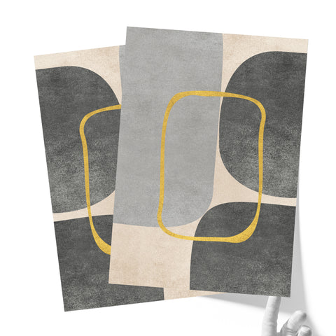 Minimalist Geometric Mid-Century Artwork – Home Decor for Living Room/Bedroom/Hallway/Office – Grey - Set of 2