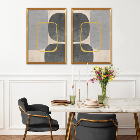 Minimalist Geometric Mid-Century Artwork – Home Decor for Living Room/Bedroom/Hallway/Office – Grey - Set of 2