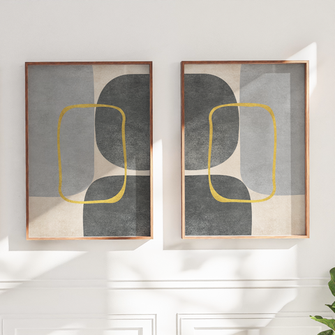 Minimalist Geometric Mid-Century Artwork – Home Decor for Living Room/Bedroom/Hallway/Office – Grey - Set of 2