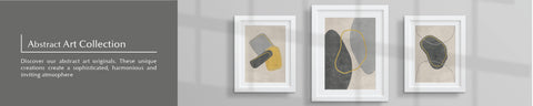 Framed abstract art prints with minimalist geometric shapes in grey, black, and mustard yellow tones – modern wall art collection displayed on light grey background, perfect for contemporary interior décor.