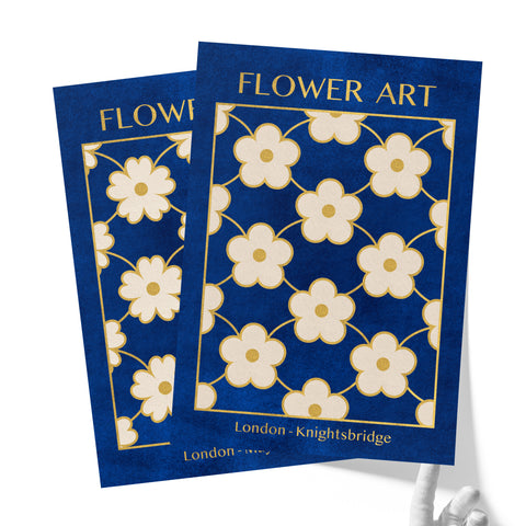 Classy Classic Flowers Artwork – London Gold Collection - Home Decor for Living Room/Bedroom/Hallway/Office – Blue – A4 - Set of 2