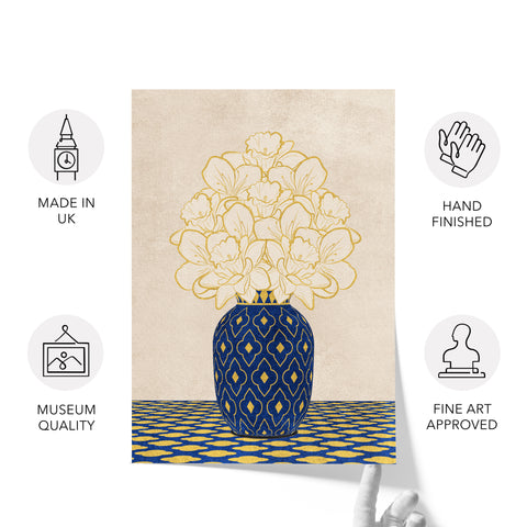 Textured Floral Vase Artwork – Home Decor for Living Room/Bedroom/Hallway/Office – Blue – A4 - Set of 1