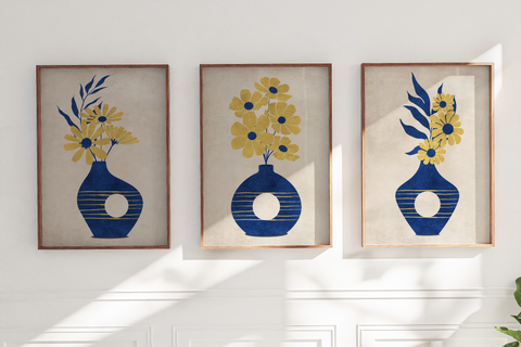 Textured Floral Vase Artwork – Home Decor for Living Room/Bedroom/Hallway/Office – Blue – A4 - Set of 3