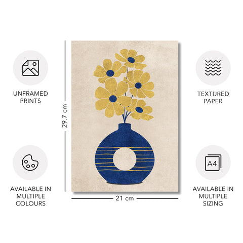 Textured Floral Vase Artwork – Home Decor for Living Room/Bedroom/Hallway/Office – Blue – A4 - Set of 3