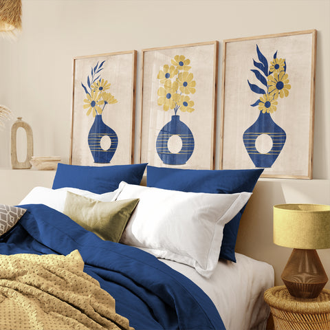 Textured Floral Vase Artwork – Home Decor for Living Room/Bedroom/Hallway/Office – Blue – A4 - Set of 3
