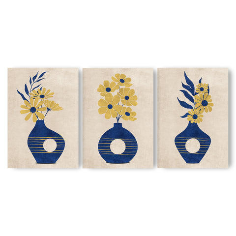Textured Floral Vase Artwork – Home Decor for Living Room/Bedroom/Hallway/Office – Blue – A4 - Set of 3