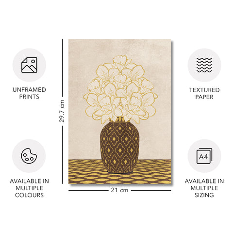 Textured Floral Vase Artwork – Home Decor for Living Room/Bedroom/Hallway/Office – Brown – A4 - Set of 1