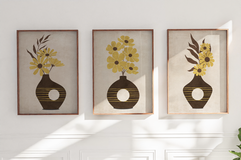 Textured Floral Vase Artwork – Home Decor for Living Room/Bedroom/Hallway/Office – Brown – A4 - Set of 3
