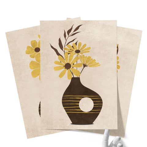 Textured Floral Vase Artwork – Home Decor for Living Room/Bedroom/Hallway/Office – Brown – A4 - Set of 3
