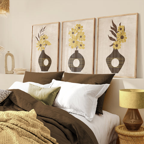 Textured Floral Vase Artwork – Home Decor for Living Room/Bedroom/Hallway/Office – Brown – A4 - Set of 3