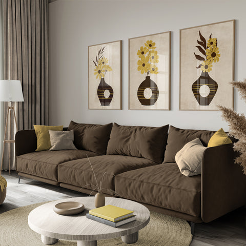 Textured Floral Vase Artwork – Home Decor for Living Room/Bedroom/Hallway/Office – Brown – A4 - Set of 3