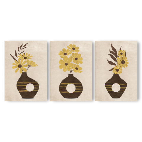 Textured Floral Vase Artwork – Home Decor for Living Room/Bedroom/Hallway/Office – Brown – A4 - Set of 3