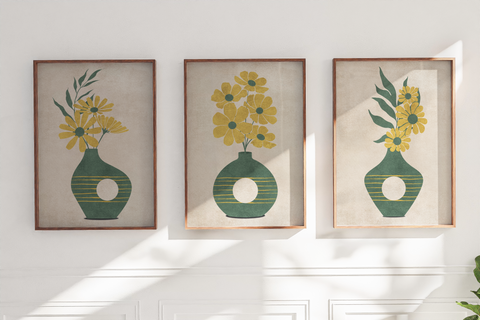 Textured Floral Vase Artwork – Home Decor for Living Room/Bedroom/Hallway/Office – Green – A3 - Set of 3