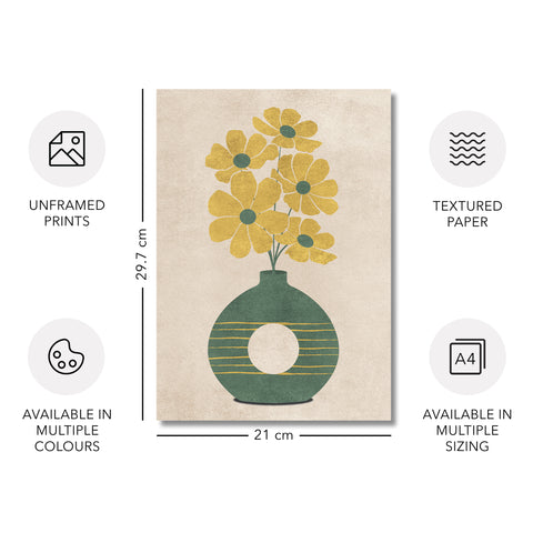 Textured Floral Vase Artwork – Home Decor for Living Room/Bedroom/Hallway/Office – Green – A3 - Set of 3