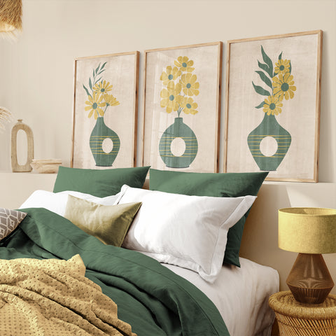 Textured Floral Vase Artwork – Home Decor for Living Room/Bedroom/Hallway/Office – Green – A3 - Set of 3