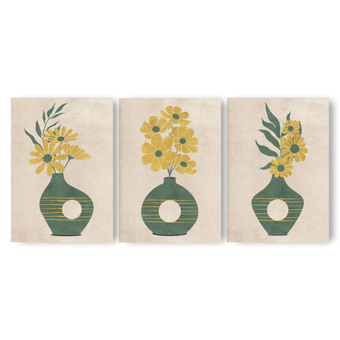 Textured Floral Vase Artwork – Home Decor for Living Room/Bedroom/Hallway/Office – Green – A3 - Set of 3