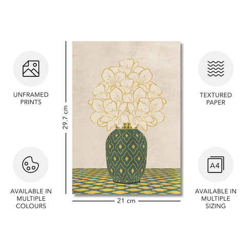 Textured Floral Vase Artwork – Home Decor for Living Room/Bedroom/Hallway/Office – Green – A4 - Set of 1