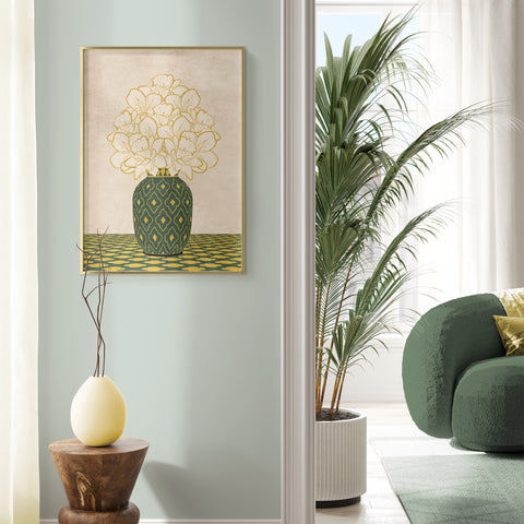 Textured Floral Vase Artwork – Home Decor for Living Room/Bedroom/Hallway/Office – Green – A4 - Set of 1