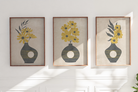 Textured Floral Vase Artwork – Home Decor for Living Room/Bedroom/Hallway/Office – Grey – A4 - Set of 3