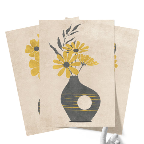 Textured Floral Vase Artwork – Home Decor for Living Room/Bedroom/Hallway/Office – Grey – A4 - Set of 3
