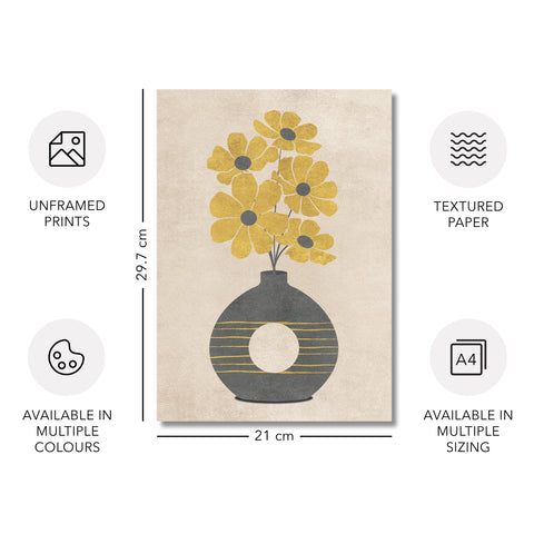 Textured Floral Vase Artwork – Home Decor for Living Room/Bedroom/Hallway/Office – Grey – A4 - Set of 3
