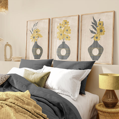 Textured Floral Vase Artwork – Home Decor for Living Room/Bedroom/Hallway/Office – Grey – A4 - Set of 3