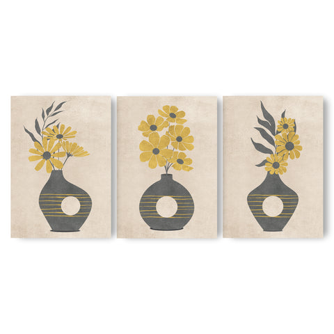 Textured Floral Vase Artwork – Home Decor for Living Room/Bedroom/Hallway/Office – Grey – A4 - Set of 3