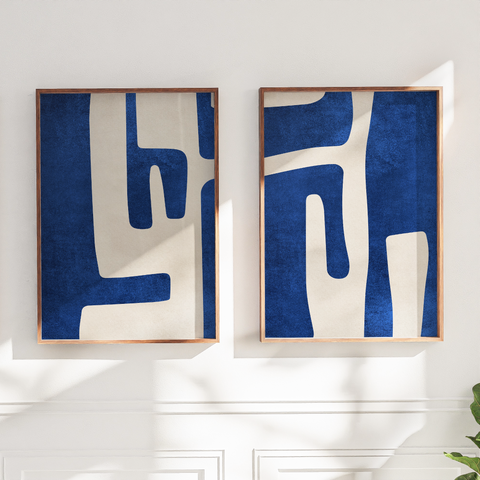 Textured Mid Century Modern Abstract Artwork – Home Decor for Living Room/Bedroom/Hallway/Office –Blue – A3 - Set of 2